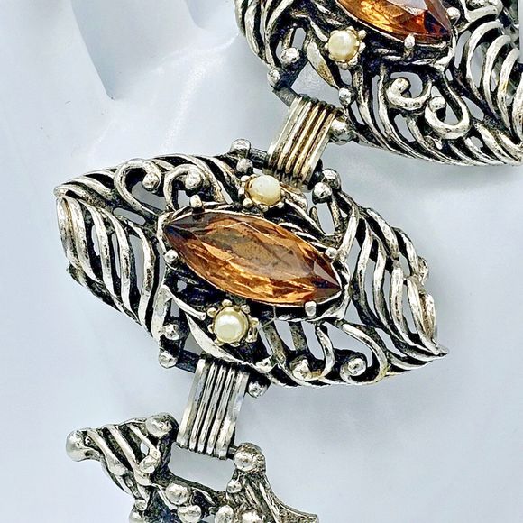 Brutalist Jewel Bracelet Bangle Vtg Brown Jewel Pearl Open Scroll Segment Viking - Picture 6 of 12